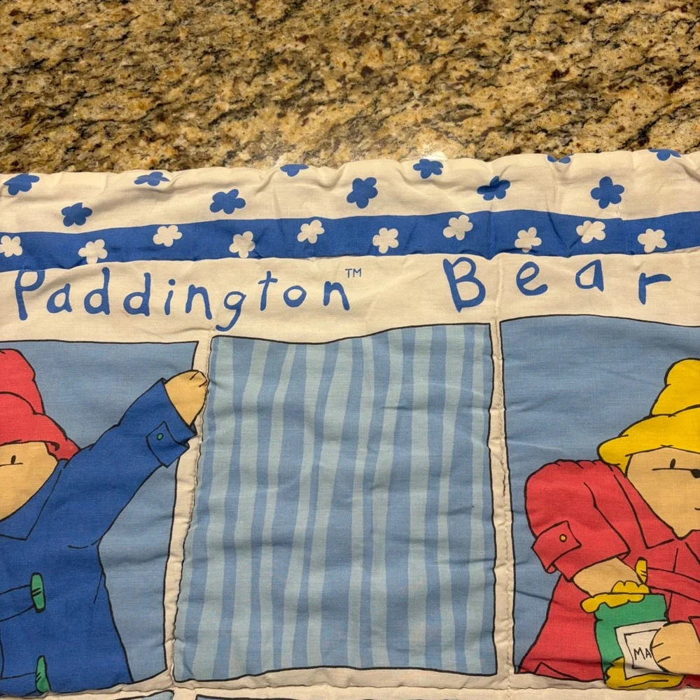 Vintage Paddington Bear Quilted Baby Blanket Nursery Wall Hanging Blue White v